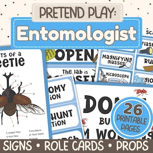May include: A collection of printable entomologist-themed signs, role cards, and props. The set includes a diagram of a beetle, cards with magnifying glasses and a microscope, and a sign that says "26 Printable Pages". The overall color scheme is blue and white.