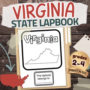 Könnte beinhalten: Ein Virginia State Lapbook mit dem Wort "Virginia" in großen roten Buchstaben. Das Cover des Lapbooks zeigt eine schwarz-weiße Umrisszeichnung des Staates und den Text "This lapbook belongs to:" darunter. Das Bild enthält auch einen "Grades 2-4"-Aufkleber.
