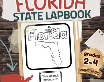 Peut inclure: Un cahier de travail de l'État de Floride avec les mots "Florida State Lapbook" en rouge et vert. La couverture présente le contour de la Floride et le mot "Florida". Comprend une étiquette indiquant "Ce cahier de travail appartient à :" et un badge indiquant "Grades 2-4 PRINT N GO".