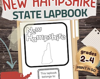 Peut inclure: Un cahier de l'État du New Hampshire avec le contour de l'État et le texte "New Hampshire" en noir. La couverture comprend également un espace pour écrire "Ce cahier appartient à :" et un autocollant doré avec "grades 2-4 PRINT N GO".