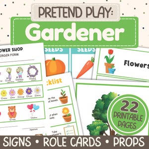 Puede incluir: Un conjunto de accesorios imprimibles para el juego de simulación de jardinero, que incluyen letreros, tarjetas de rol y varios formularios. La imagen presenta una combinación de colores verde y blanco con ilustraciones de flores, verduras y herramientas de jardinería. El texto incluye "Gardener", "Flowers" y "22 Printable Pages".