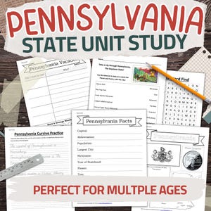 May include: A collection of educational worksheets for a Pennsylvania State Unit Study. Includes cursive practice, fact sheets, word finds, and a state quarter image. The title "PENNSYLVANIA STATE UNIT STUDY" is displayed in red and green.