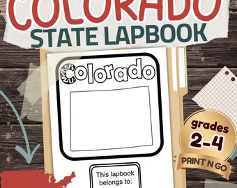 Puede incluir: Un cuaderno de trabajo del estado de Colorado con el texto "COLORADO STATE LAPBOOK" en rojo y verde. El cuaderno de trabajo tiene un contorno en blanco de Colorado y un espacio para escribir "Este cuaderno de trabajo pertenece a:" con una pegatina "Grades 2-4 PRINT N GO".