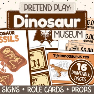 Könnte beinhalten: Eine Sammlung von druckbaren Requisiten für Dinosaurier-Rollenspiele. Enthält Schilder, Rollenkarten und Museumstickets. Das Design zeigt ein braunes und beiges Farbschema mit Dinosaurierillustrationen und dem Text "Dinosaurier Museum".