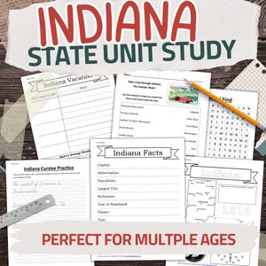 May include: A collection of educational worksheets for an Indiana State Unit Study. Includes cursive practice, fact sheets, a word search, and a map. The title "INDIANA STATE UNIT STUDY" is displayed in large red letters.