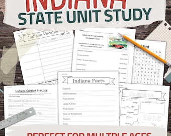 Indiana State Worksheet Pack: Printable Geography and History Unit Study Kit