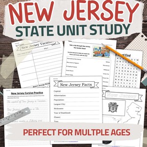 May include: A collection of educational worksheets for a New Jersey state unit study. Includes cursive practice, fact sheets, and a word search. The title "NEW JERSEY STATE UNIT STUDY" is displayed in red and green.
