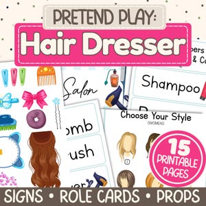 Peut inclure: Graphique rose et blanc pour un ensemble de coiffeur de jeu de simulation. L'image comprend divers accessoires pour cheveux, des enseignes sur le thème du salon et des pages imprimables. Le texte indique "PRETEND PLAY: Hair Dresser" et "15 PRINTABLE PAGES".
