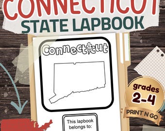 Peut inclure: Un cahier de voyage de l'État du Connecticut avec le contour de l'État et le texte "Connecticut". La couverture comprend le texte "State Lapbook" et "Grades 2-4 Print N Go". Conçu pour l'éducation, adapté aux élèves de 2e à 4e année.