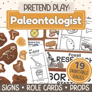 Op de afbeelding: Een verzameling printbare rollenspelrekwisieten voor paleontologen, waaronder borden, rollenkaarten en diverse fossielgerelateerde afbeeldingen. De set bevat een kompas, meetlint en een microscoop, met de tekst "19 afdrukbare pagina's."