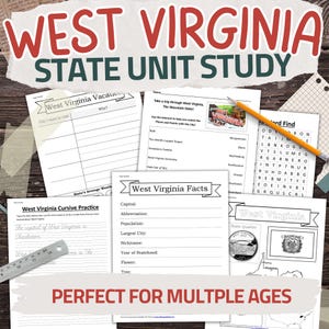 May include: A collection of West Virginia-themed educational worksheets. The title "West Virginia State Unit Study" is displayed in red and green. Worksheets include cursive practice, fact sheets, and word finds, with a pencil resting on the pages.