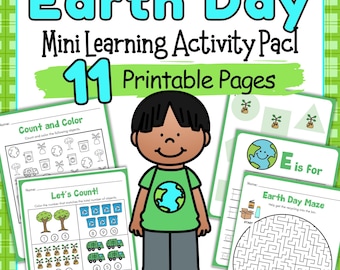 May include: An Earth Day Mini Learning Activity Pack with 11 printable pages. The image features a cartoon child and several activity sheets with counting, coloring, and maze games. The title "Earth Day" is in large, turquoise letters.