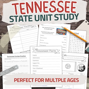 May include: A collection of educational worksheets for a Tennessee state unit study. Includes cursive practice, fact sheets, a word search, and a Tennessee state quarter. The title "Tennessee State Unit Study" is displayed in red and green.