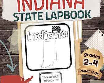 Peut inclure: Un cahier de l'État de l'Indiana avec le mot "Indiana" et un contour de l'État. La couverture comprend un drapeau à damier et le texte "Ce cahier appartient à :". L'image comprend également le texte "Grades 2-4 PRINT N GO".