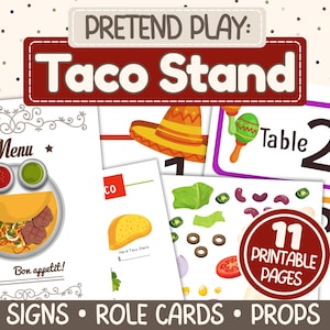 Peut inclure: Un ensemble de jeu de rôle coloré avec le texte "Taco Stand". L'ensemble comprend des panneaux, des cartes de rôle et des accessoires, tels qu'un menu, des ingrédients de tacos et un sombrero. L'ensemble contient 11 pages imprimables.