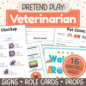 Op de afbeelding: Een verzameling printbare dierenarts-rekwisieten om te spelen, waaronder borden, rollenkaarten en controlelijsten. Het ontwerp heeft een oranje en wit kleurenschema met illustraties van huisdieren en kliniekgerelateerde items. De set bevat 16 afdrukbare pagina's.