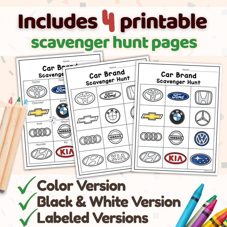 Car Brand Easy Scavenger Hunt Printable | Kids Activity | No Prep Game ...