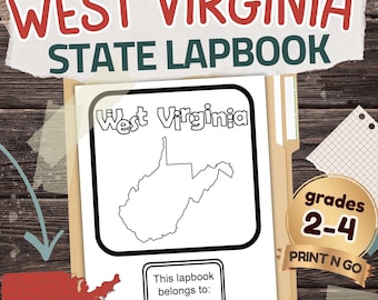 Peut inclure: Un cahier de l'État de Virginie-Occidentale avec le contour de l'État et le texte "West Virginia" dans un cadre noir. La couverture comprend le texte "This lapbook belongs to:" et un autocollant "grades 2-4". Le titre "WEST VIRGINIA STATE LAPBOOK" est en haut.