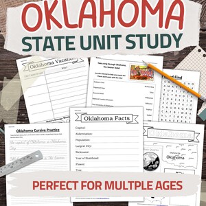 May include: Educational worksheets focused on Oklahoma, featuring the title "OKLAHOMA STATE UNIT STUDY" in red. The pack includes cursive practice, fact sheets, and a word search. Designed for various ages, the worksheets are ideal for learning.