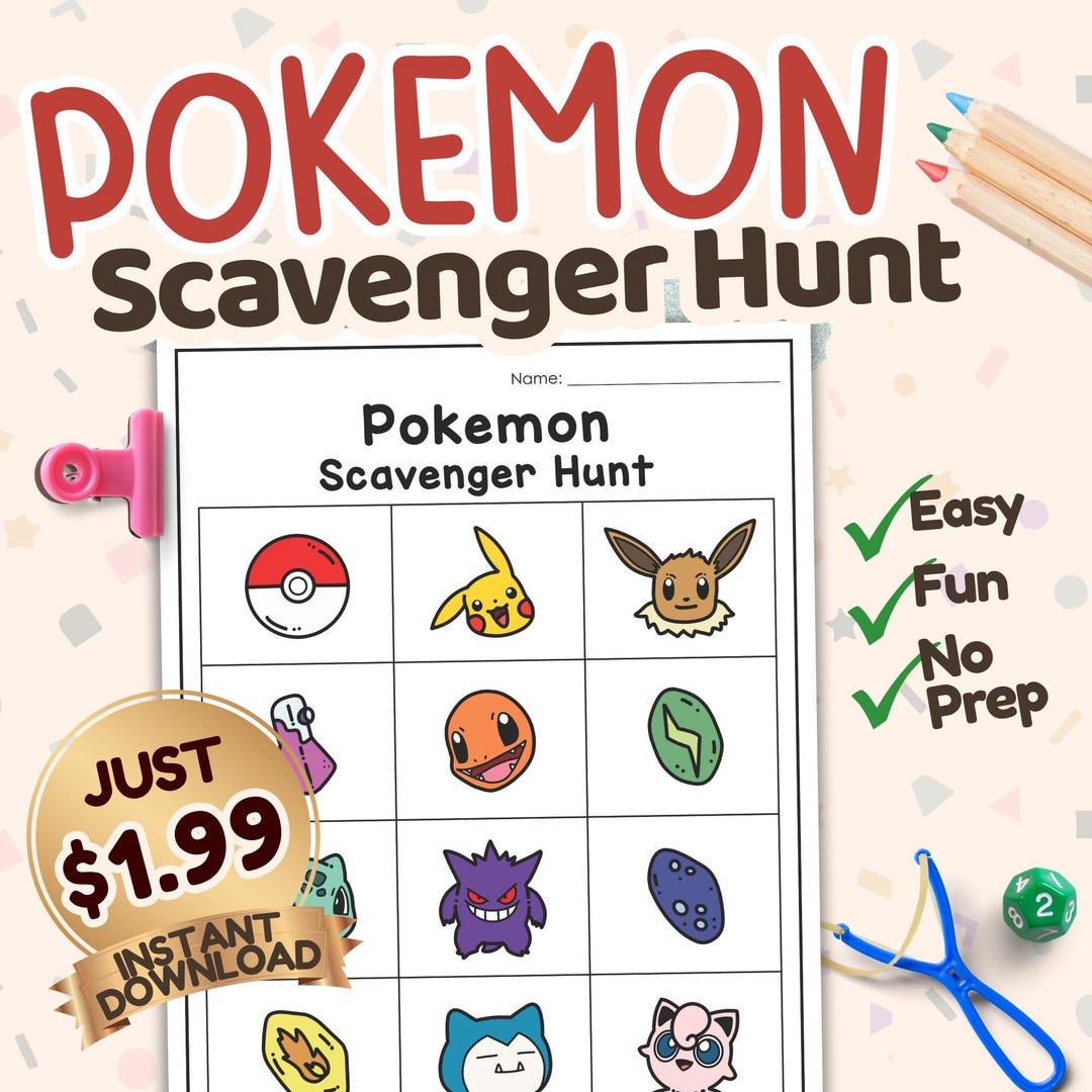 Pokemon Easy Scavenger Hunt Printable Kids Activity No Prep