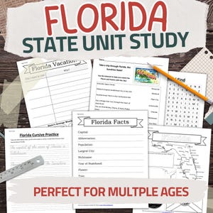 May include: A collection of educational worksheets for a Florida State Unit Study. Includes fill-in-the-blank, cursive practice, and word search activities. The title "Florida State Unit Study" is displayed in red and white.
