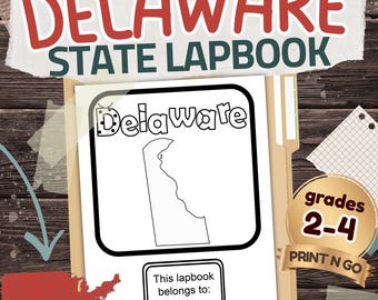 Peut inclure: Un cahier de bord de l'État du Delaware avec le contour de l'État, le mot "Delaware" et le texte "Ce cahier de bord appartient à:". L'image comprend également le texte "grades 2-4" et "PRINT N GO". Le fond est une surface en bois.