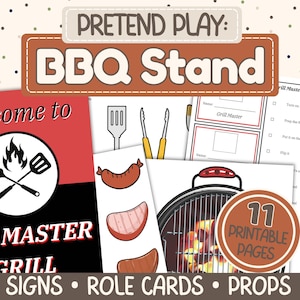 May include: A collection of printable BBQ-themed role-playing props. The image features a sign that says "Welcome to Grill Master", along with role cards, and props. The words "BBQ Stand" are displayed prominently. The image includes illustrations of grilling tools and food.