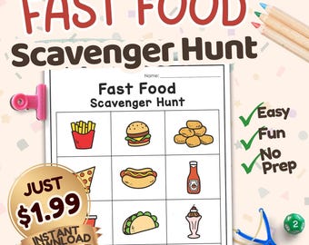Fast Food Easy Scavenger Hunt Printable | Kids Activity | No Prep Game