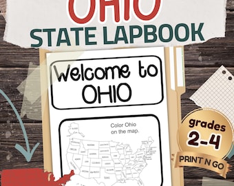 Puede incluir: Una carpeta beige con el texto "OHIO STATE LAPBOOK" en rojo y verde. En el interior, una página dice "Welcome to OHIO" y "Color Ohio on the map". Se muestra un mapa de los Estados Unidos. También se ve el texto "grades 2-4 PRINT N GO".