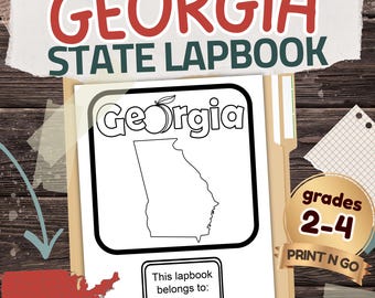 Peut inclure: Un cahier de l'État de Géorgie en noir et blanc avec le texte "GEORGIA STATE LAPBOOK" en rouge et vert. Le cahier présente un contour noir de l'État de Géorgie et le mot "Georgia" avec un graphisme de pêche. Comprend le texte "grades 2-4" et "PRINT N GO".