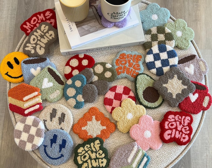 Handmade Punch Needle Coasters, Mug Rug Coaster, Tufted Home Decor, Y2K Aesthetic Gift Ideas, Office Decor