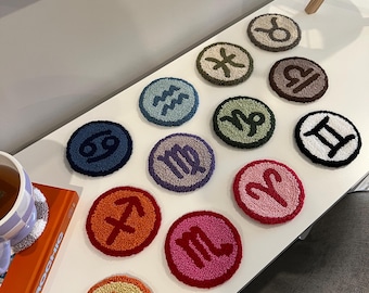 Zodiac Mug Rug Coaster, Drink Coasters, Punch Needle Coasters, Zodiac Signs, Y2K Aesthetic, Handmade Gift