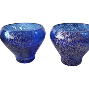 Vintage Caithness Cobalt Blue Glass Trinket Bowls With Copper Swirls