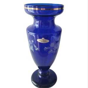 Vintage Bohemia Czech Cobalt Blue Glass Hand Painted Vase