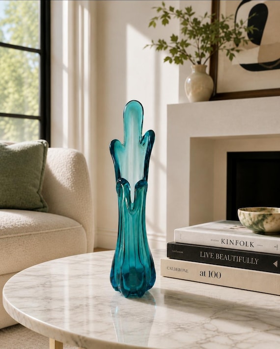 Vintage Mid-Century Blue Art Glass Vase | Hand-Blown Sculptural Teal Retro Home Décor