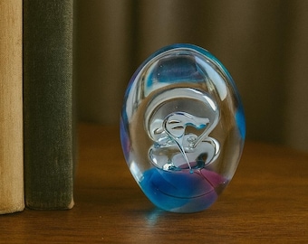 Vintage Art Glass Egg Paperweight: Purple & Blue Bubbles