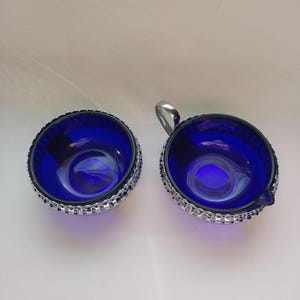 Vintage Cobalt Blue Glass And Silver Toned Sugar Bowl And Creamer