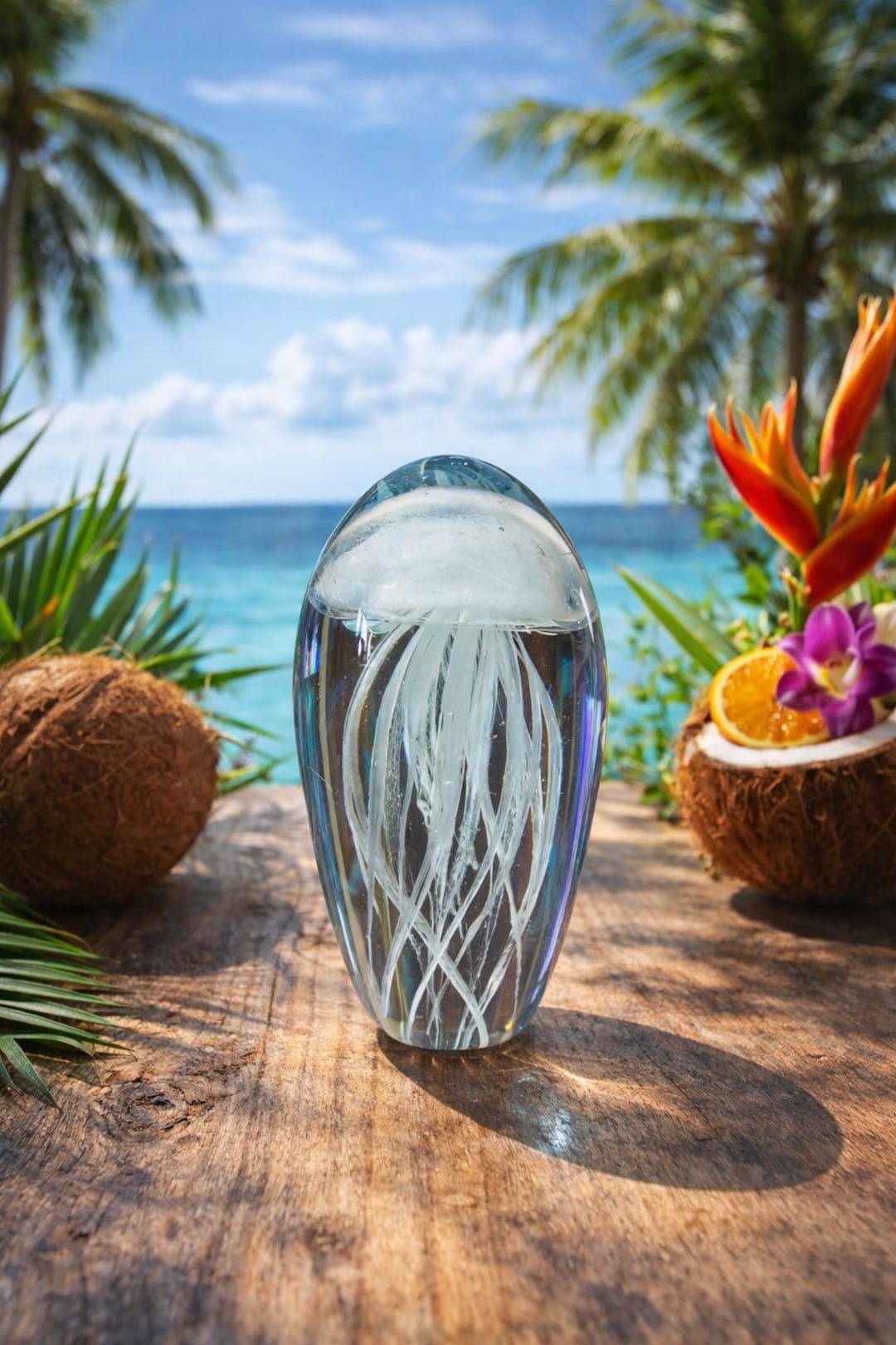 Hand Blown Glass Jellyfish Sculpture – Coastal Desk Paperweight (16.5cm ...
