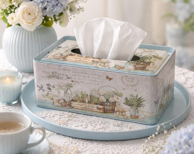 Floral Tin Tissue Box Cover – Cottage Garden Decor – Rectangular ...