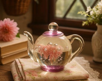 Vintage Glass Teapot Paperweight – Pink Flower Bubble Art – Collectible Home Décor (7cm x 10cm)
