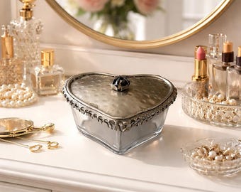 Vintage Heart-Shaped Glass Trinket Box with Metal Lid