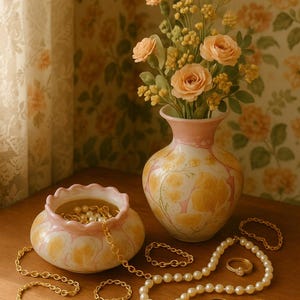 Jarrón Art Déco vintage con cuenco a juego: Hecho a mano en Israel por Simron