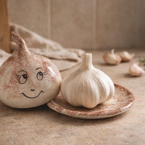 May include: A still life featuring a ceramic garlic bulb with a smiling face, next to a real garlic bulb on a small plate. Additional garlic cloves and sprigs of herbs are in the background. The color palette is neutral with warm tones.