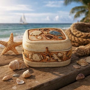 May include: A beige ceramic jewelry box with a lid decorated with seashells and aquatic plants. The box has a latch closure and is surrounded by seashells and a starfish on a wooden surface. A sailboat is visible in the background.