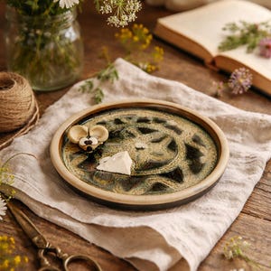 May include: A ceramic plate with a decorative design, featuring a mouse-shaped cheese holder and a piece of cheese. The plate is set on a linen cloth, with a bouquet of flowers and a book in the background. The plate has a diameter of approximately 15 cm.
