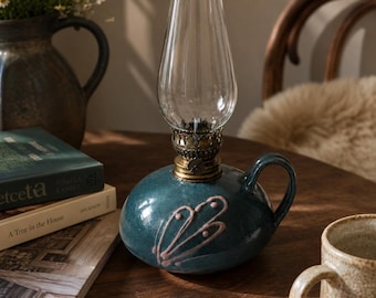 Vintage Ceramic Oil Lamp Teal Blue Pottery Lamp with Glass Chimney, Retro Kerosene Style Table Lamp, Cottage Cabin Decor
