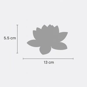May include: A gray lotus flower silhouette, 5.5 cm tall and 13 cm wide, is displayed against a white background. The flower has multiple petals and is a simple, elegant design. The image includes measurements in centimeters.
