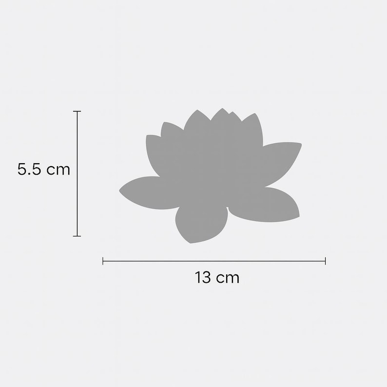 May include: A gray lotus flower silhouette, 5.5 cm tall and 13 cm wide, is displayed against a white background. The flower has multiple petals and is a simple, elegant design. The image includes measurements in centimeters.