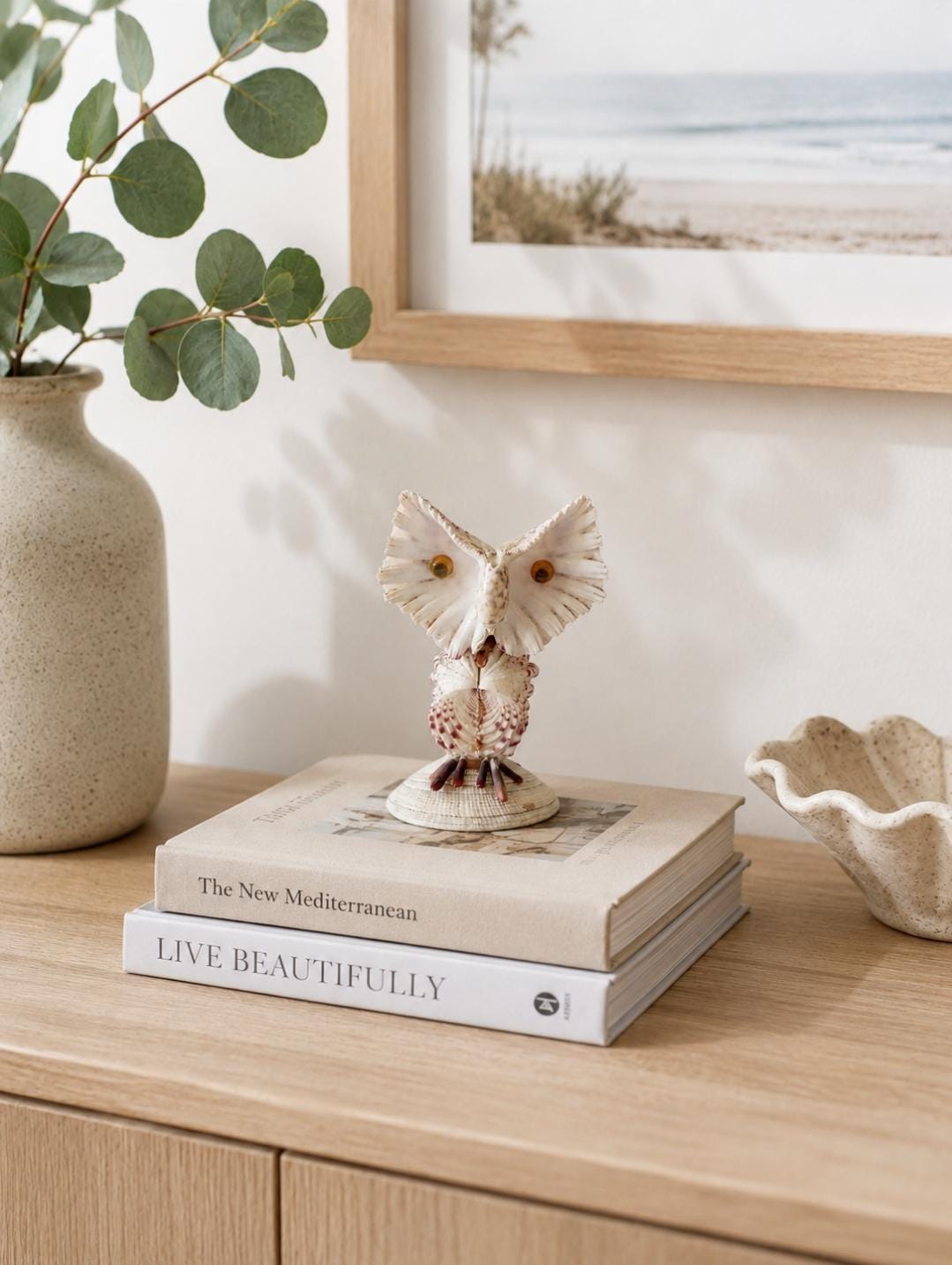 Vintage Handmade Seashell Owl Figurine &ndash; Coastal Beach Decor, Nautical Ornament (11.5cm)