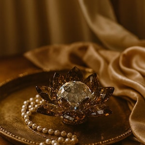 May include: A decorative crystal lotus flower with a large, clear crystal center. The flower sits on a gold-colored tray, next to a strand of white pearls. The background features draped, golden fabric.
